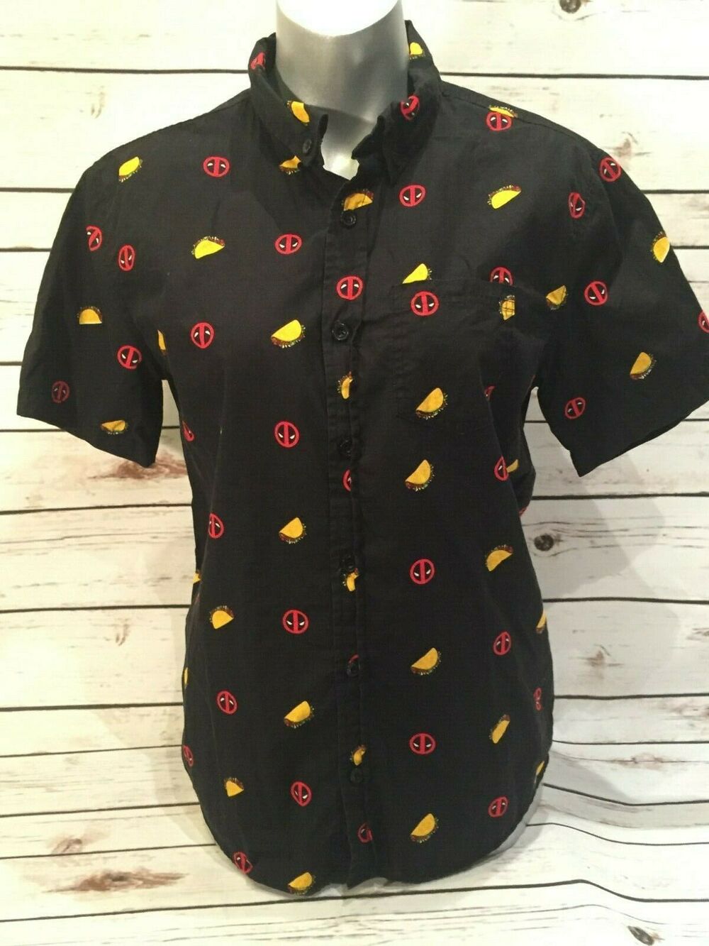 Marvel Deadpool Tacos Button Down Shirt w Front Breast Pocket Taco Tuesday Small